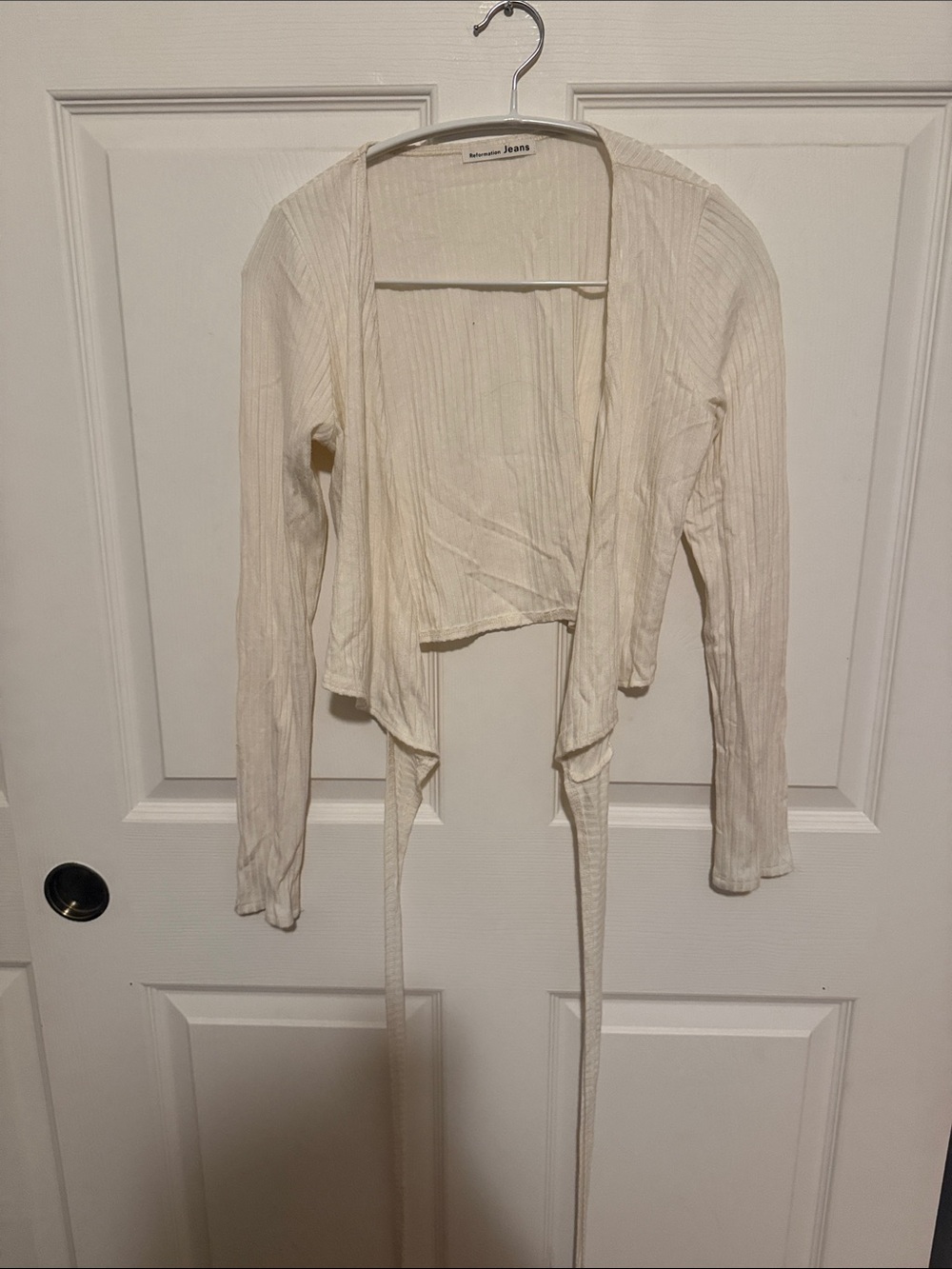 Reformation Cream Ribbed Wrap Long-Sleeve Top